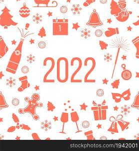 Happy New Year 2022 Merry Christmas Vector illustration Gift Bell Christmas tree Bottle, gingerbread man, glasses, mitten, calendar, mask, mistletoe, snowman, Christmas sock, snowflakes Winter holiday