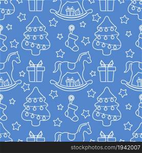 Happy New Year 2022 Merry Christmas vector seamless pattern Gift, Christmas tree, ball, snowflakes, sock, rocking horse, stars Winter holiday symbols Festive background Design for print