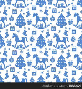 Happy New Year 2022 Merry Christmas vector seamless pattern Gift, sock, Christmas tree, ball, snowflakes, calendar, rocking horse, stars Winter holiday symbols Festive background Design for print