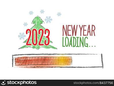 Happy New Year 2023. A loading strip with a Christmas tree, snowflakes and an inscription for New Year and Christmas greetings. Template for postcards, banners and creative design