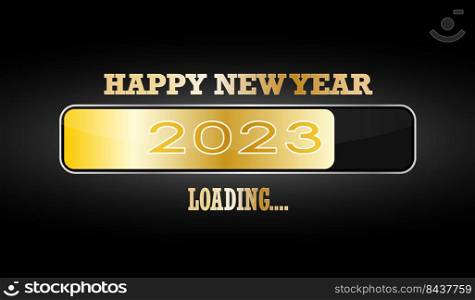 Happy New Year 2023. Golden loading bar for New Year and Christmas greetings. Template for postcards, banners and creative design