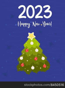 Happy New Year 2023. Greeting holiday card with Christmas tree and Christmas balls on blue background with decor. Vertical vector illustration