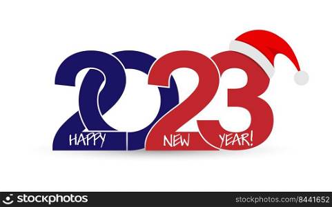 Happy New Year 2023. Stylized inscription with a cap for New Year and Christmas greetings. Template for postcards, banners and creative design 