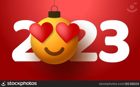 happy new year 2023 with heart smile emotion. Vector illustration in flat style with number 2023 and love heart emotion in christmas ball hang on thread.