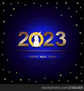 Happy New Year 2023 with stars on dark blue Background Template. Holiday Vector Illustration of Cute rabbit on golden Numbers 2023. Background Festive Poster or Banner Design.Modern Holiday Background
