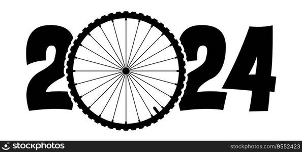 Happy new year 2024. Cartoon cycling wheels line pattern. Sport icon. Cyclist wheel logo or pictogram. Cycling or bike rims symbol