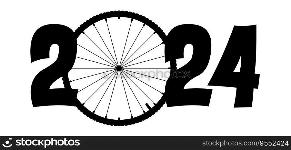 Happy new year 2024. Cartoon cycling wheels line pattern. Sport icon. Cyclist wheel logo or pictogram. Cycling or bike rims symbol. 2024 calendar, day.