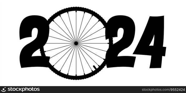 Happy new year 2024. Cartoon cycling wheels line pattern. Sport icon. Cyclist wheel logo or pictogram. Cycling or bike rims symbol. 2024 calendar, day.