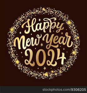 Happy New Year 2024. Hand lettering golden text on shiny dark background. Vector typography for posters, banners, greeting cards, wrapping paper, gift bags