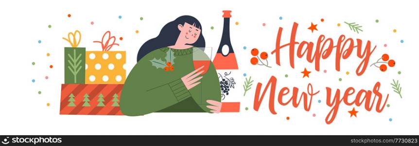 Happy new Year. A nice girl drinks sparkling wine. Next to the girl are boxes with Christmas gifts.. Happy new Year. Vector illustration, greeting banner template, poster.