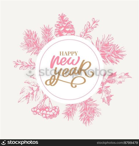 Happy New Year Abstract Botanical Card with Square Frame Banner and Modern Typography. Green and Pink Pastel Colors Greeting Layout.. Happy New Year Abstract Botanical Card with Square Frame Banner and Modern Typography. Green and Pink Pastel Colors Greeting Layout. Isolated.