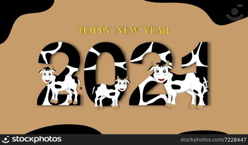 HAPPY NEW YEAR and 2021 font with cow skin pattern on brown background, Creative cute paper cut art design for Greeting card in Year of ox for flyers, posters, banners and calendar