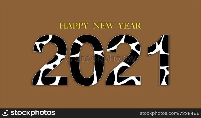 HAPPY NEW YEAR and 2021 font with cow skin pattern on brown background, Creative cute paper cut art design for Greeting card in Year of ox for flyers, posters, banners and calendar