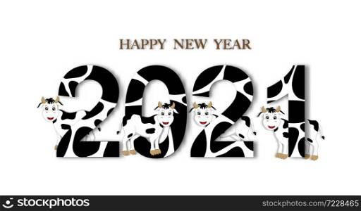 HAPPY NEW YEAR and 2021 font with cow skin pattern on white background, Creative cute paper cut art design for Greeting card in Year of ox for flyers, posters, banners and calendar