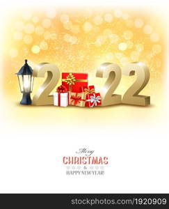 Happy New Year and Christmas holiday background with a 2022. Golden 3D numbers with gift boxes. Vector.