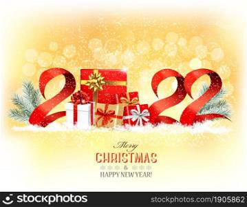 Happy New Year and Christmas holiday background with a 2022 and gift boxes and ribbons. Vector.