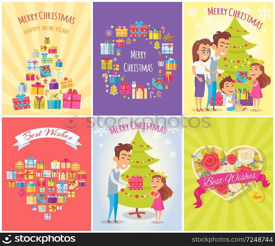 Happy New Year and merry Christmas, best wishes, posters with composition made up of headlines and family with presents, vector illustration. Happy New Year and Christmas Vector Illustration