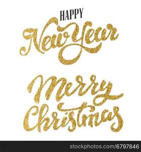 Happy New Year and Merry Christmas gold glitter lettering isolated on white background. Design element for greeting card, calendar, poster. Vector illustration.