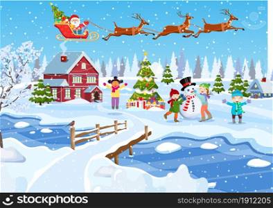 happy new year and merry Christmas greeting card. Christmas landscape. christmas tree. Children building snowman. Winter holidays. Vector illustration in flat style. Children building snowman.