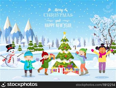 happy new year and merry Christmas greeting card. Christmas landscape. kids decorating a Christmas tree. Winter holidays. Vector illustration in flat style. Children building snowman.