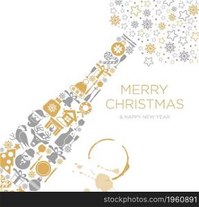 Happy New Year and Merry Christmas greeting card or poster design with minimalistic flat champagne. Happy New Year and Merry Christmas greeting card poster design with flat champagne bottle with christmas icon and place for your text message.