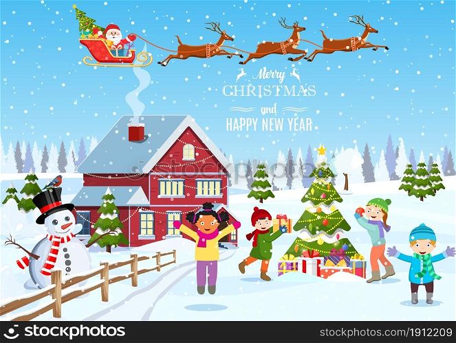 happy new year and merry Christmas greeting card. Winter fun. kids decorating a Christmas tree. Winter holidays. Christmas landscape tree spruce, snowman. vector illustration. kids decorating a Christmas tree