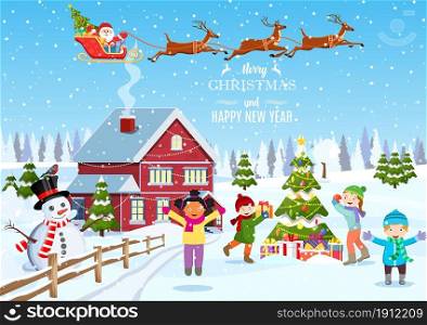 happy new year and merry Christmas greeting card. Winter fun. kids decorating a Christmas tree. Winter holidays. Christmas landscape tree spruce, snowman. vector illustration. kids decorating a Christmas tree