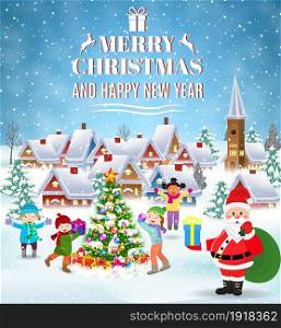 happy new year and merry Christmas greeting card. Winter fun. kids decorating a Christmas tree. Winter holidays. vector illustration. Children building snowman.