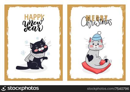 Happy New Year and Merry Christmas greeting cards from vector black kitty in knitted scarf and little white kitten with the black heart on its back.. Happy New Year and Merry Christmas Greeting Cards