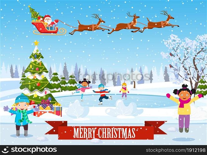 Happy new year and merry Christmas landscape card design with christmas tree. Winter scene with skating children. Children boy and girl on the winter ice-skating rink. vector illustration. Winter scene with skating children