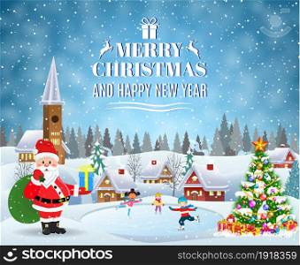 Happy new year and merry Christmas landscape card design with Santa Claus with gift bag and christmas tree. Winter scene with skating children. vector illustration. Winter scene with skating children