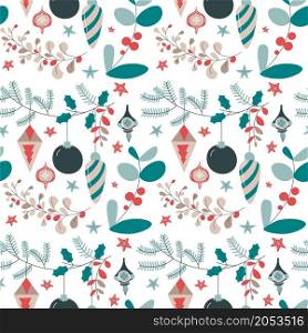 Happy new year and merry christmas, pine tree branches with elongated baubles and balls, mistletoe and evergreen foliage and flora. Seamless pattern, background or print. Vector in flat style. Christmas and new year winter holiday celebration