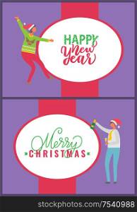 Happy New Year and Merry Christmas postcards with people dancing at corporate fest celebrating holidays. Vector cartoon style characters on party. Happy New Year and Merry Christmas Postcard People