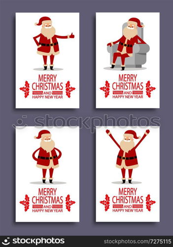 Happy New Year and merry Christmas Santa congrats on set of light posters. Vector illustration with fairytale winter character on white background. Happy New Year and Merry Christmas Santa Congrats