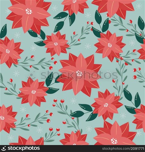 Happy New Year and Merry Christmas seamless pattern. Winter illustration with poinsettia, Christmas flowers and leaves, snowflakes. Colorful bright color. Design element for packaging, postcards, banners, knitwear, fabrics.. Happy New Year and Merry Christmas seamless pattern. Vector illustration.