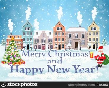 happy new year and merry Christmas winter city street with christmas tree and Santa Claus with gift bag. concept for greeting and postal card, invitation, template, vector illustration. Christmas winter city street