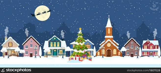 happy new year and merry Christmas winter old town street. christmas town city seamless border panorama. Santa Claus with deers in sky above the city. Vector illustration in flat style. happy new year and merry Christmas