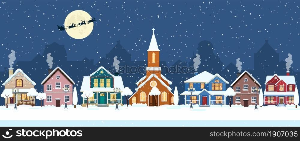happy new year and merry Christmas winter old town street. christmas town city seamless border panorama. Santa Claus with deers in sky above the city. Vector illustration in flat style. happy new year and merry Christmas