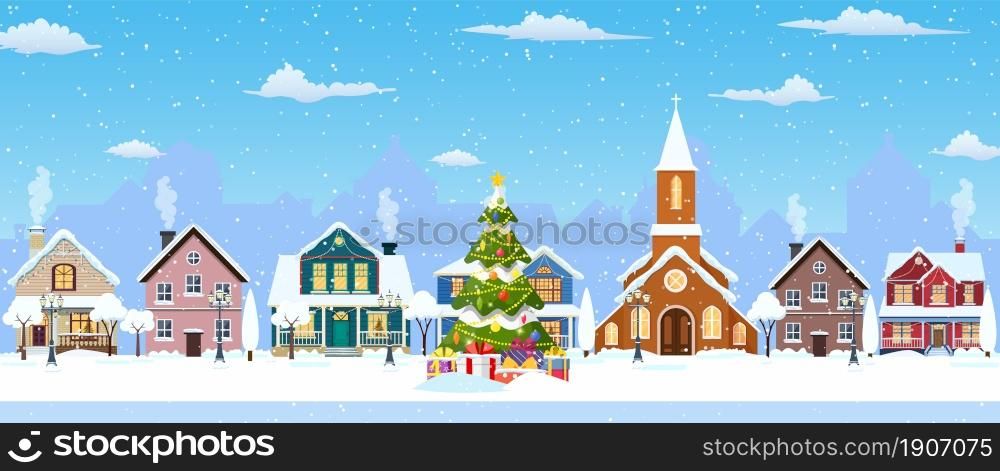happy new year and merry Christmas winter old town street. christmas town city seamless border panorama. Vector illustration in flat style. happy new year and merry Christmas