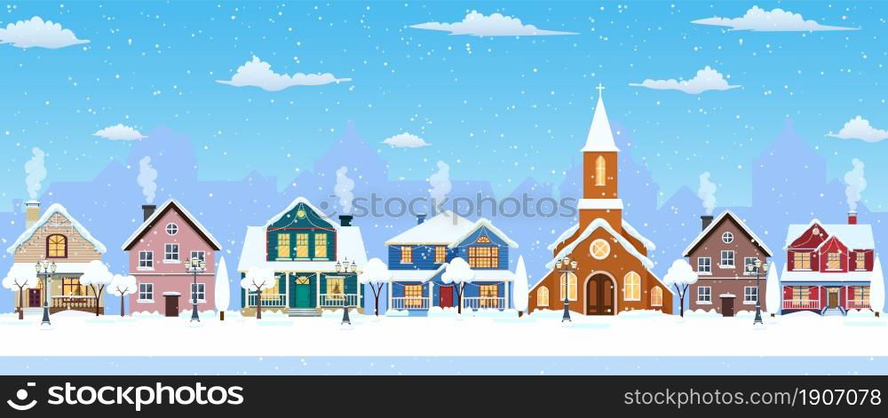 happy new year and merry Christmas winter old town street. christmas town city seamless border panorama. Vector illustration in flat style. happy new year and merry Christmas