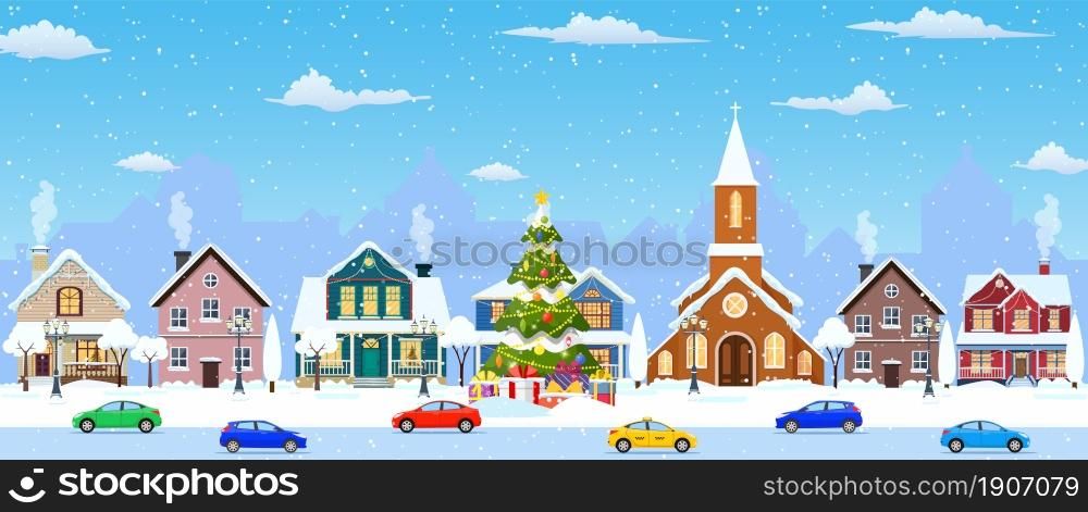 happy new year and merry Christmas winter old town street. christmas town city seamless border panorama. Vector illustration in flat style.. happy new year and merry Christmas