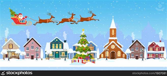 happy new year and merry Christmas winter old town street. christmas town city seamless border panorama. Santa Claus with deers in sky above the city. Vector illustration in flat style.. happy new year and merry Christmas