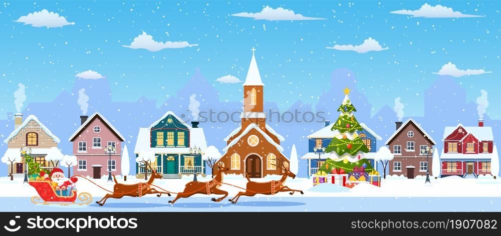 happy new year and merry Christmas winter old town street. christmas town city seamless border panorama. Santa Claus with deers. Vector illustration in flat style.. happy new year and merry Christmas
