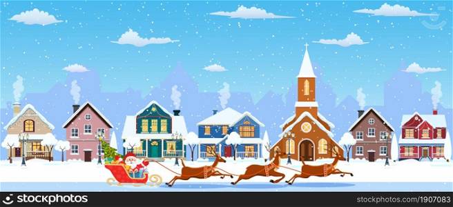 happy new year and merry Christmas winter old town street. christmas town city seamless border panorama. Santa Claus with deers. Vector illustration in flat style.. happy new year and merry Christmas