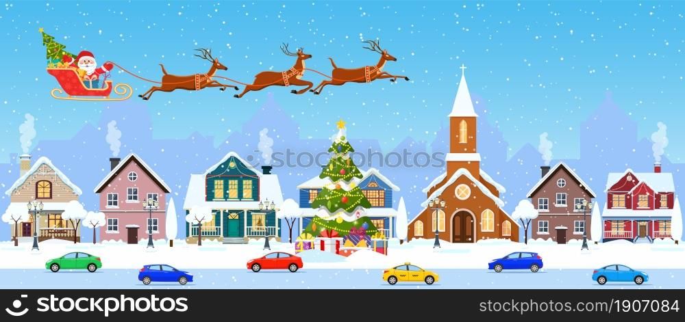 happy new year and merry Christmas winter old town street. christmas town city seamless border panorama. Santa Claus with deers in sky above the city. Vector illustration in flat style.. happy new year and merry Christmas