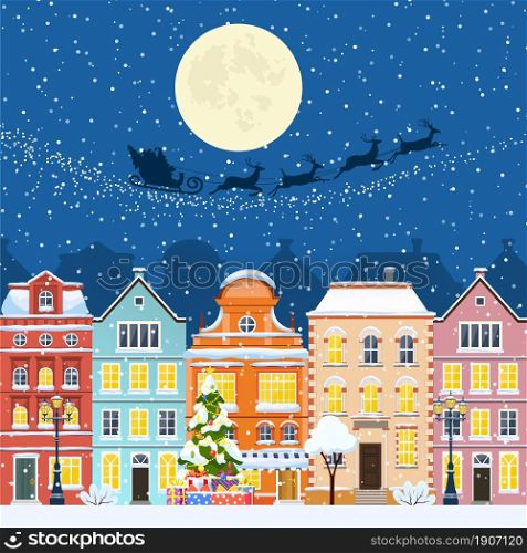 happy new year and merry Christmas winter old town street. christmas town city seamless border panorama. Santa Claus with deers in sky above the city. Vector illustration in flat style. Merry Christmas and a Happy New Year