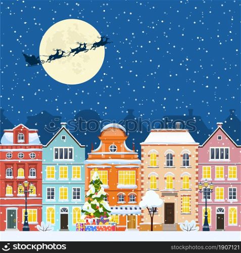 happy new year and merry Christmas winter old town street. christmas town city seamless border panorama. Santa Claus with deers in sky above the city. Vector illustration in flat style. Merry Christmas and a Happy New Year
