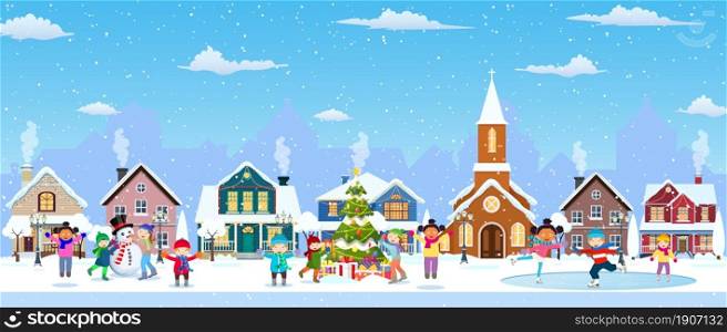 happy new year and merry Christmas winter old town street. christmas town city panorama. Santa Claus with deers in sky above the city. Vector illustration in flat style. happy new year and merry Christmas