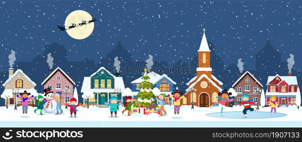 happy new year and merry Christmas winter old town street. christmas town city panorama. Santa Claus with deers in sky above the city. Vector illustration in flat style. happy new year and merry Christmas