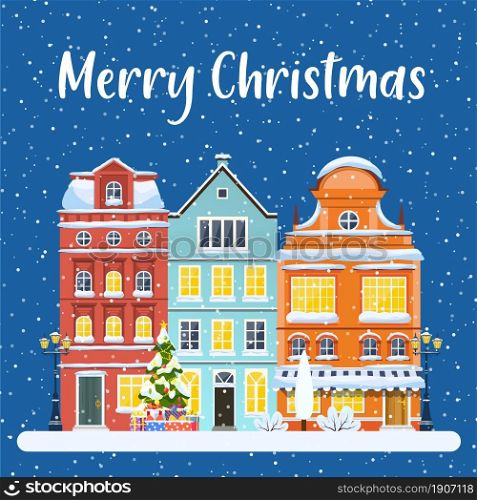 happy new year and merry Christmas winter old town street concept for greeting and postal card, invitation, template. Vector illustration in flat style. Merry Christmas and a Happy New Year